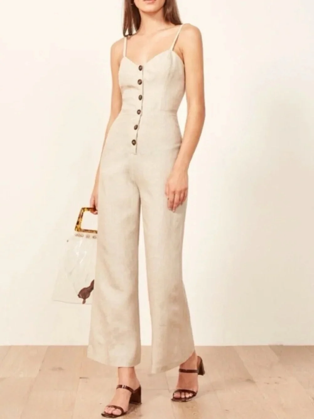 Reformation Torta Blue & White Striped Button-Front Linen Jumpsuit 4 small